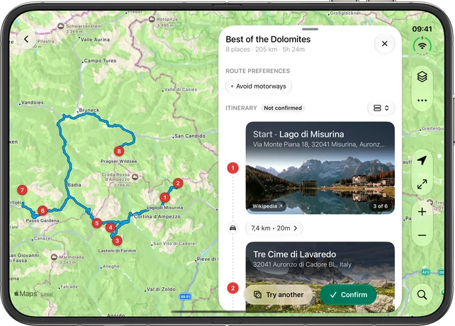 iPhone Duo open, with Detour's map of a Dolomites loop and the trip's stops beside it.