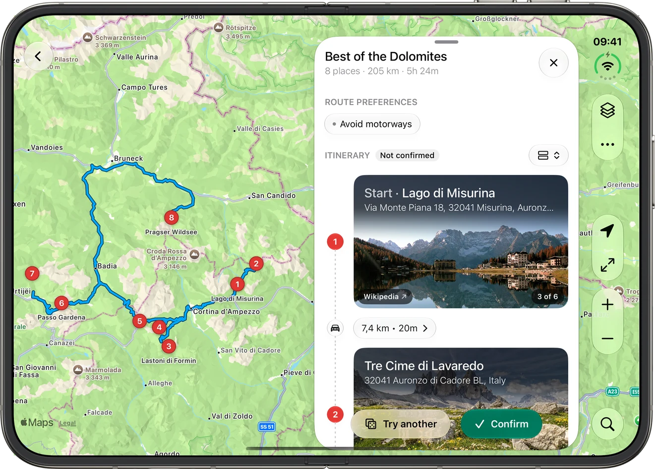 iPhone Duo open, with Detour's map of a Dolomites loop and the trip's stops beside it.