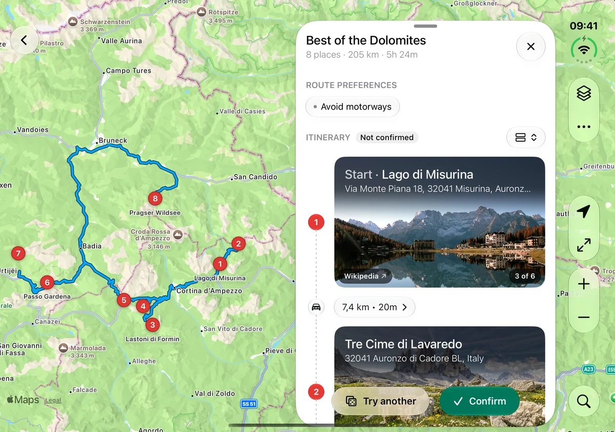 A Dolomites loop on the map, the trip's stops beside it.