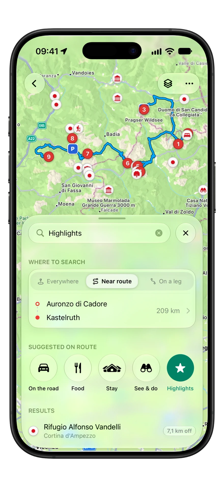 Highlights near a Dolomites route: the trip's stops on the map with the best places along it, and the Highlights search.