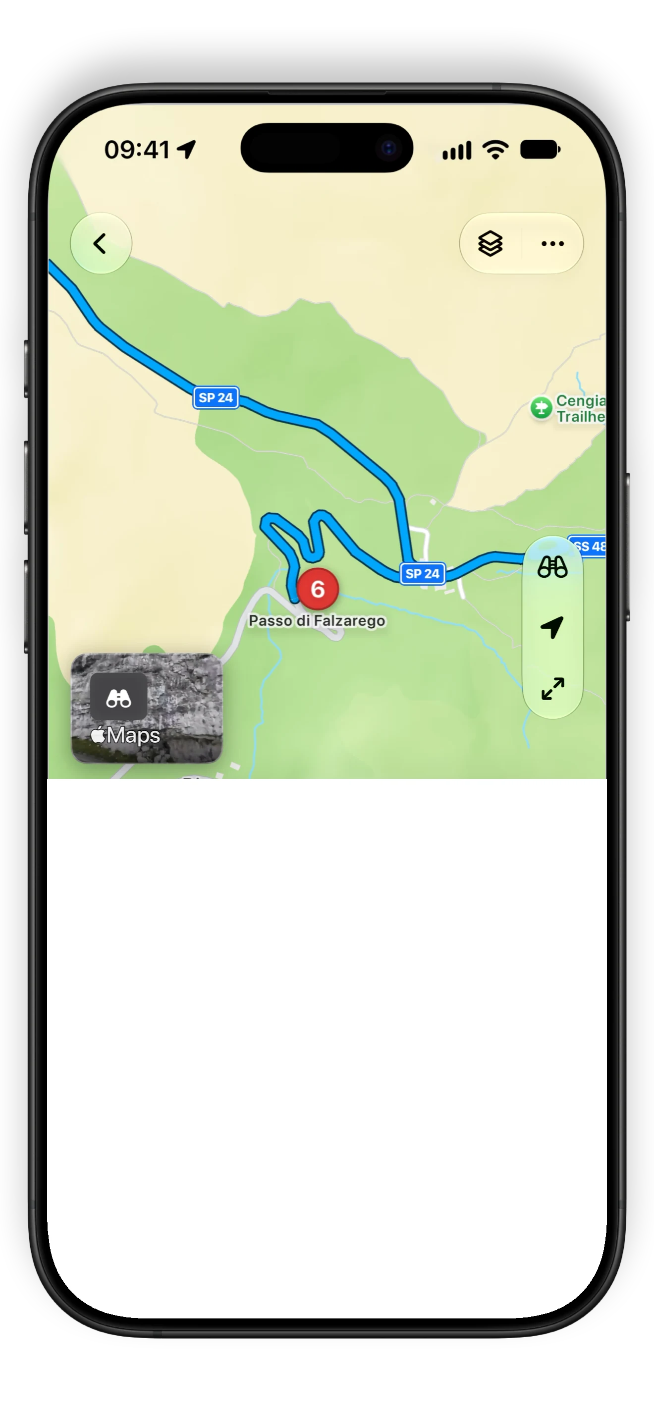 The map at Passo di Falzarego: the route over the pass, the Look Around button, and Look Around's preview of the place.