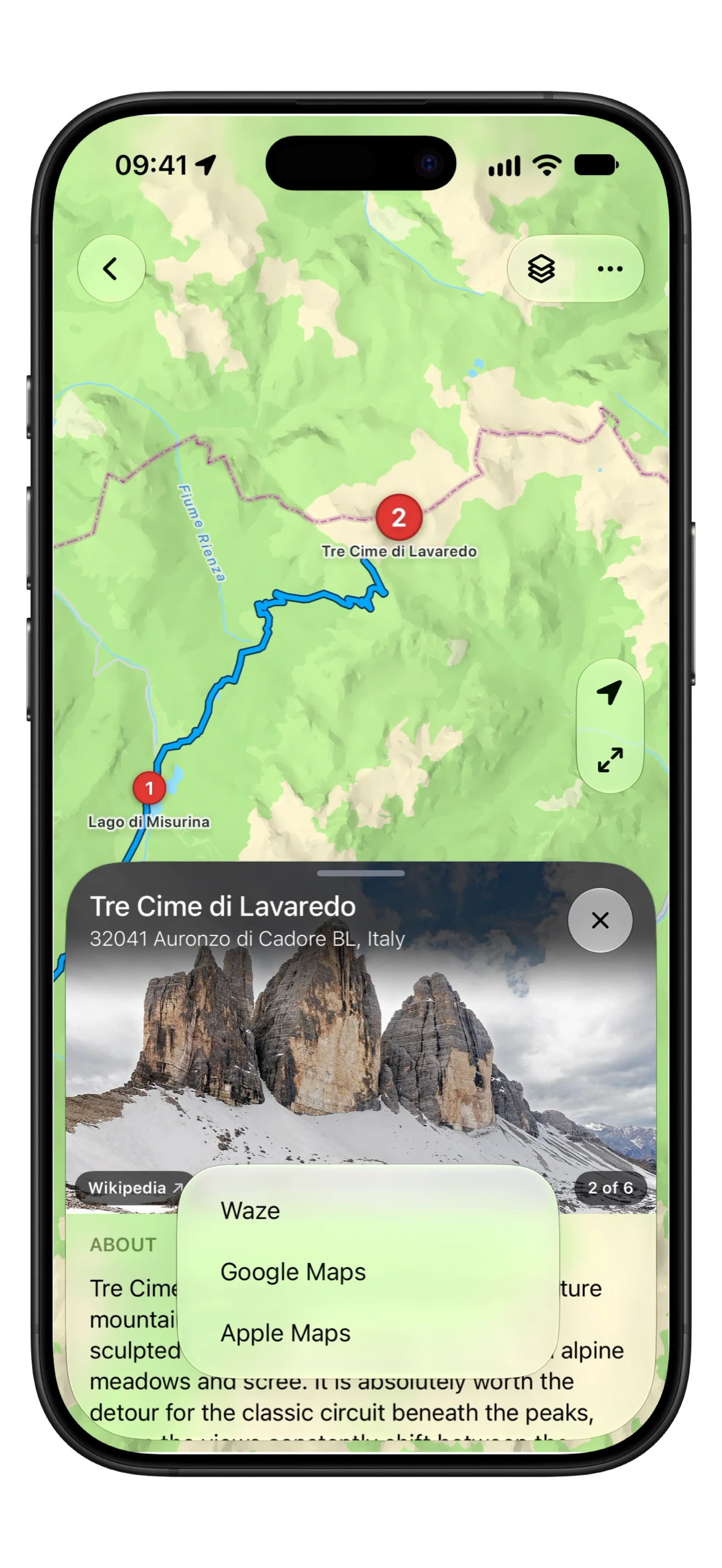 A place card handing the stop to Waze, Google Maps or Apple Maps.
