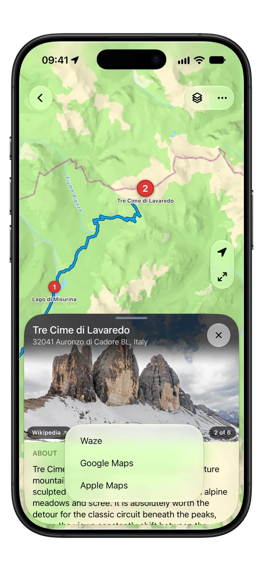 Detour handing a stop to a maps app: Apple Maps, Google Maps or Waze.