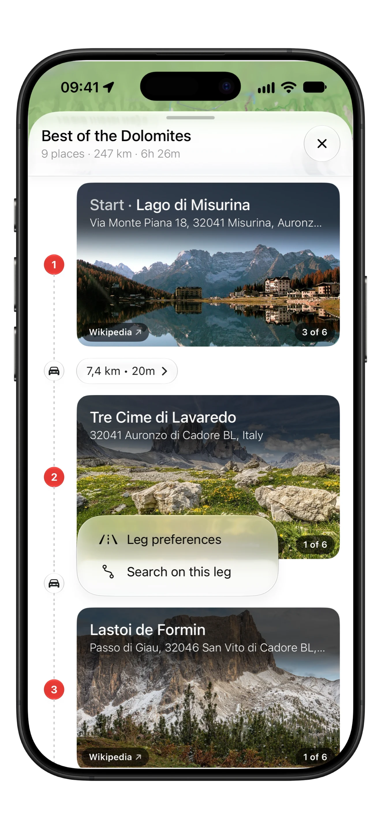 A leg's menu: Leg preferences and Search on this leg.