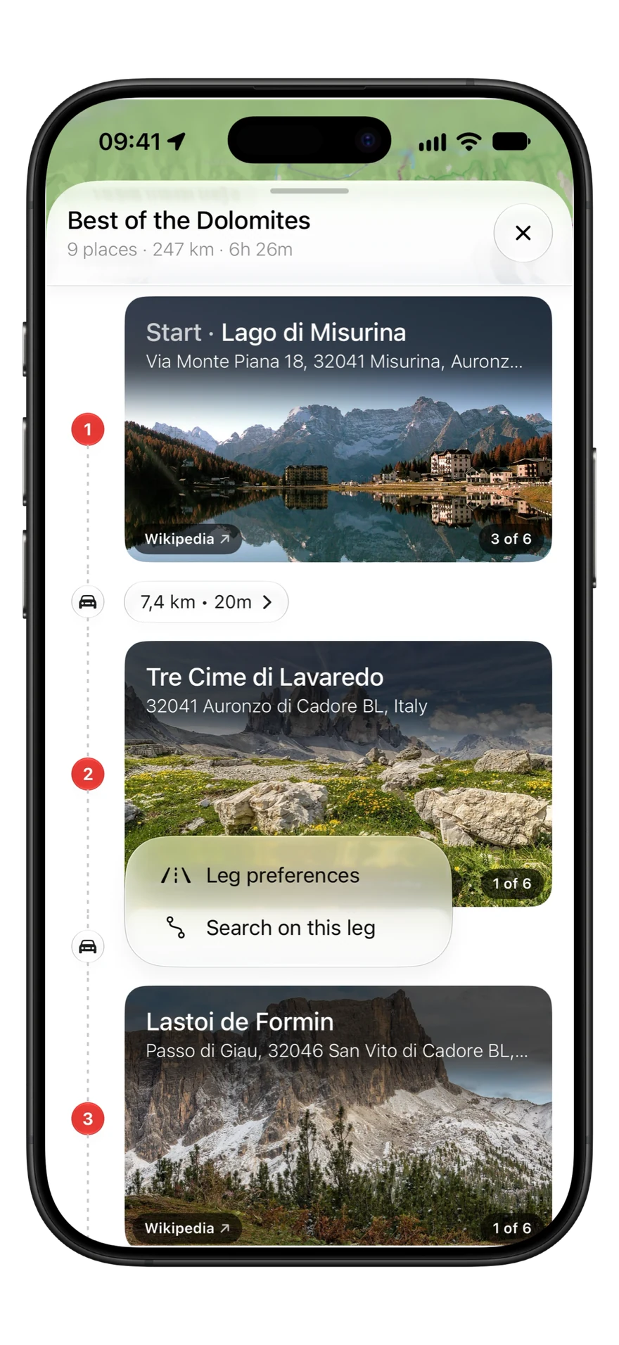 A Dolomites trip in Detour with a leg's menu open: Leg preferences, to keep that leg off tolls, motorways, ferries or unpaved roads, and Search on this leg.
