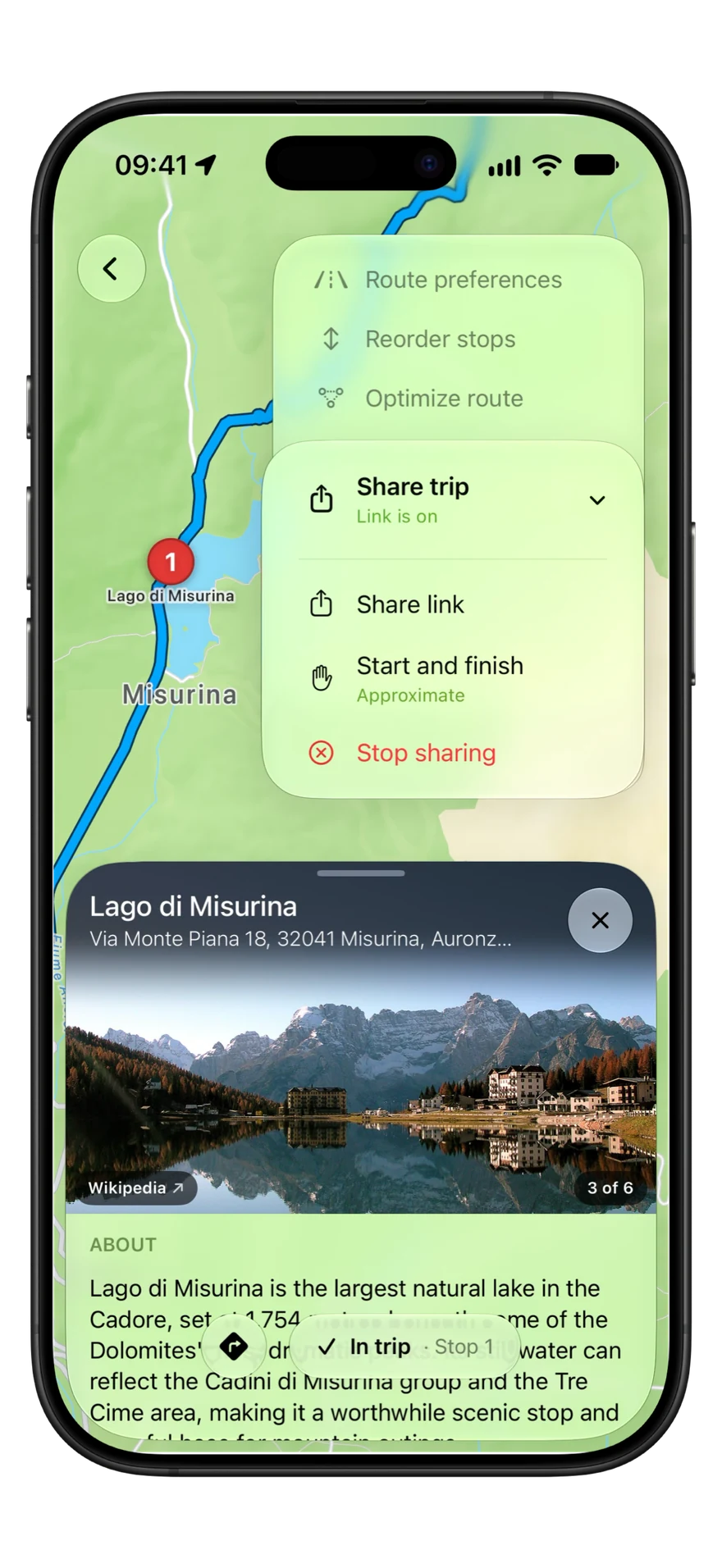 The Share trip menu in Detour, with the trip's link turned on.