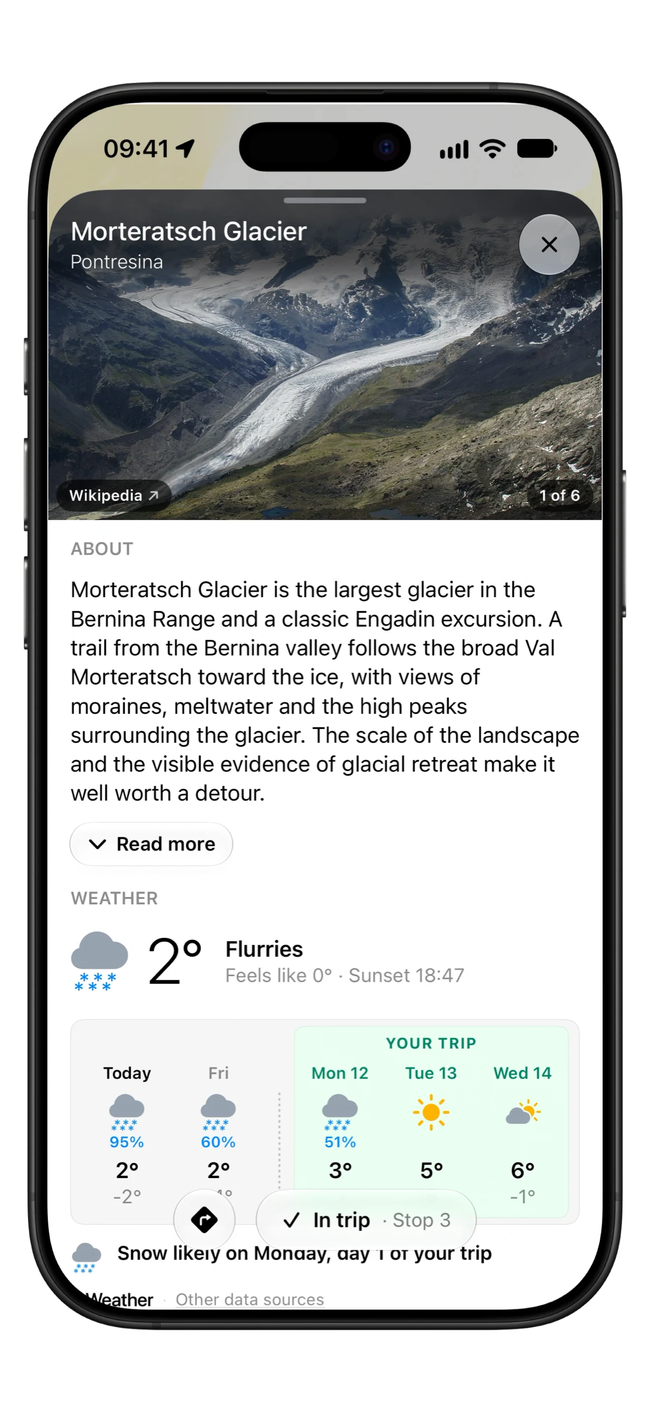 The Morteratsch Glacier place card: its photos and the start of its write-up.