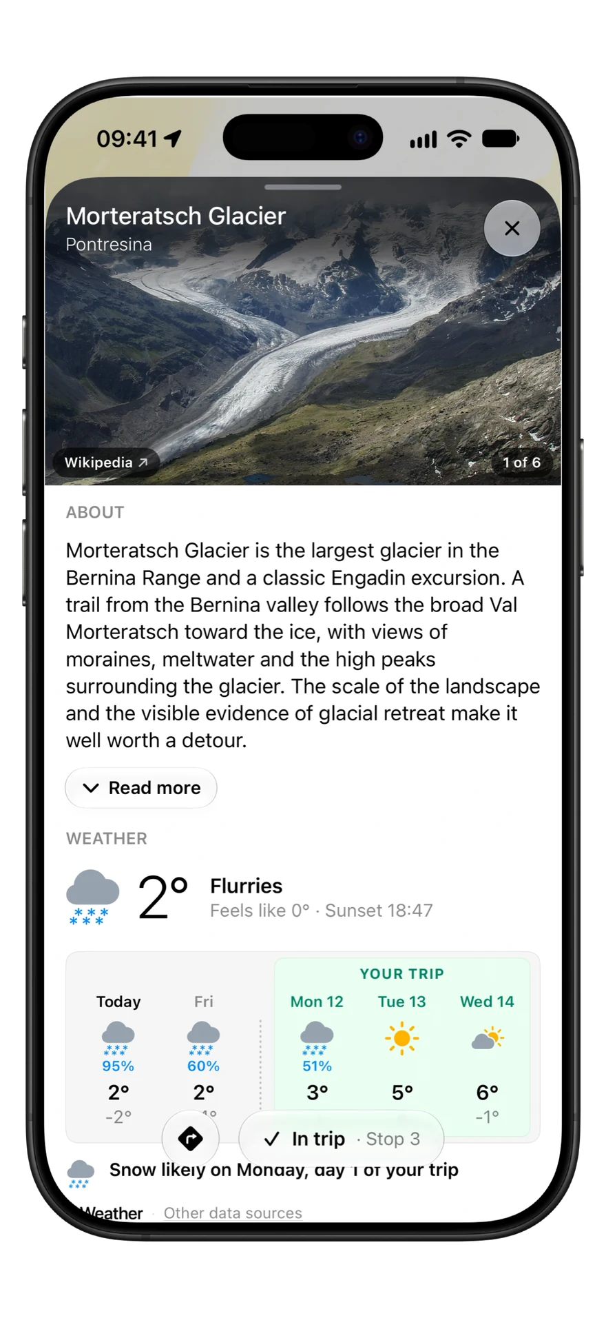 The place card for Morteratsch Glacier: photos, a short write-up, and the weather for the days of the trip.