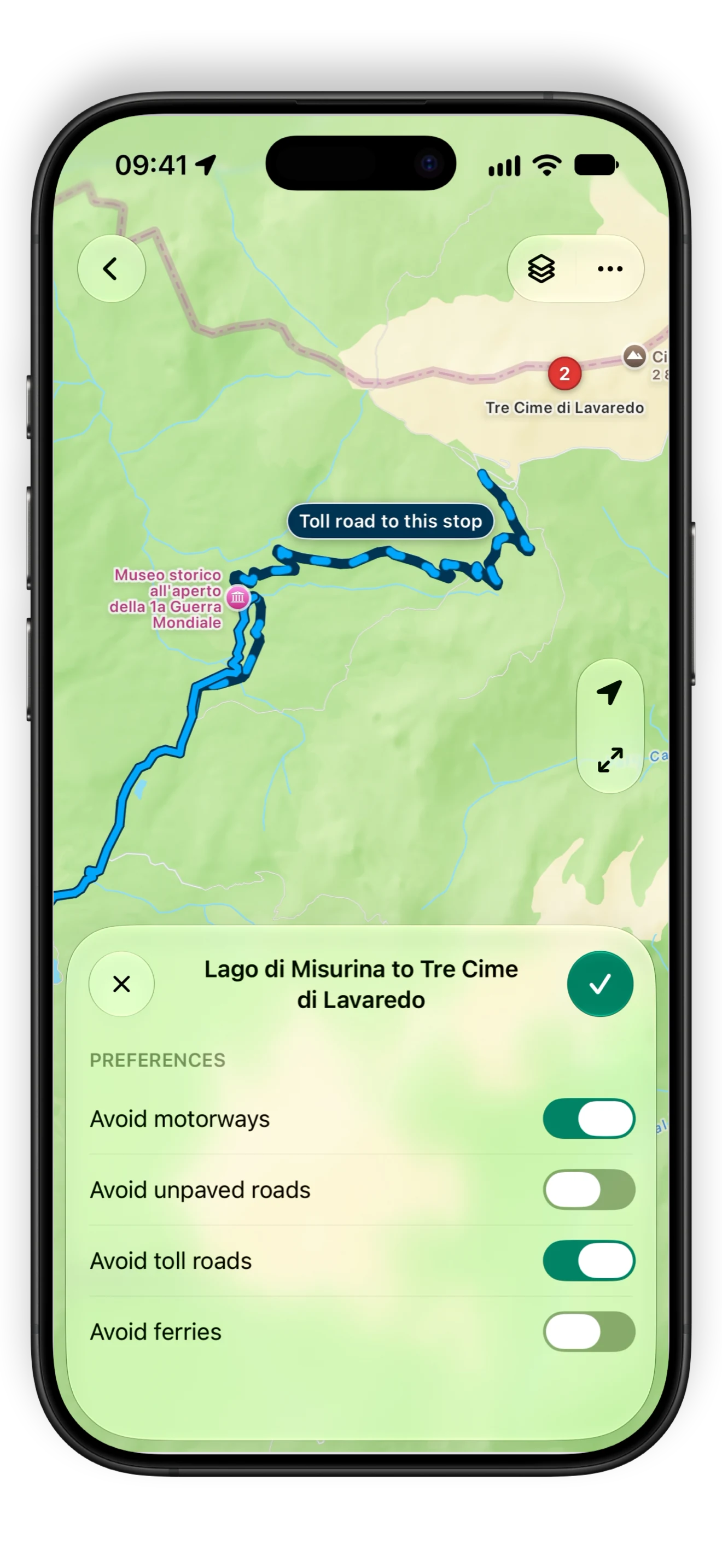 A leg to Tre Cime di Lavaredo with toll roads avoided: the route solid, then dashed for the toll road to the stop, labelled Toll road to this stop.