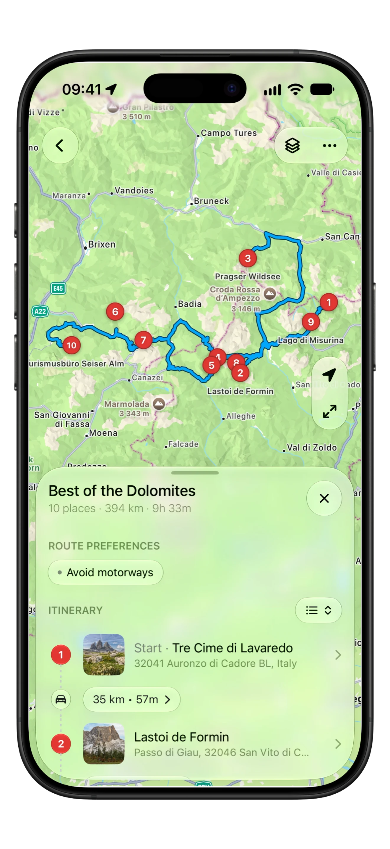 Two stops on the itinerary, the 35 km, 57 minute leg between them.
