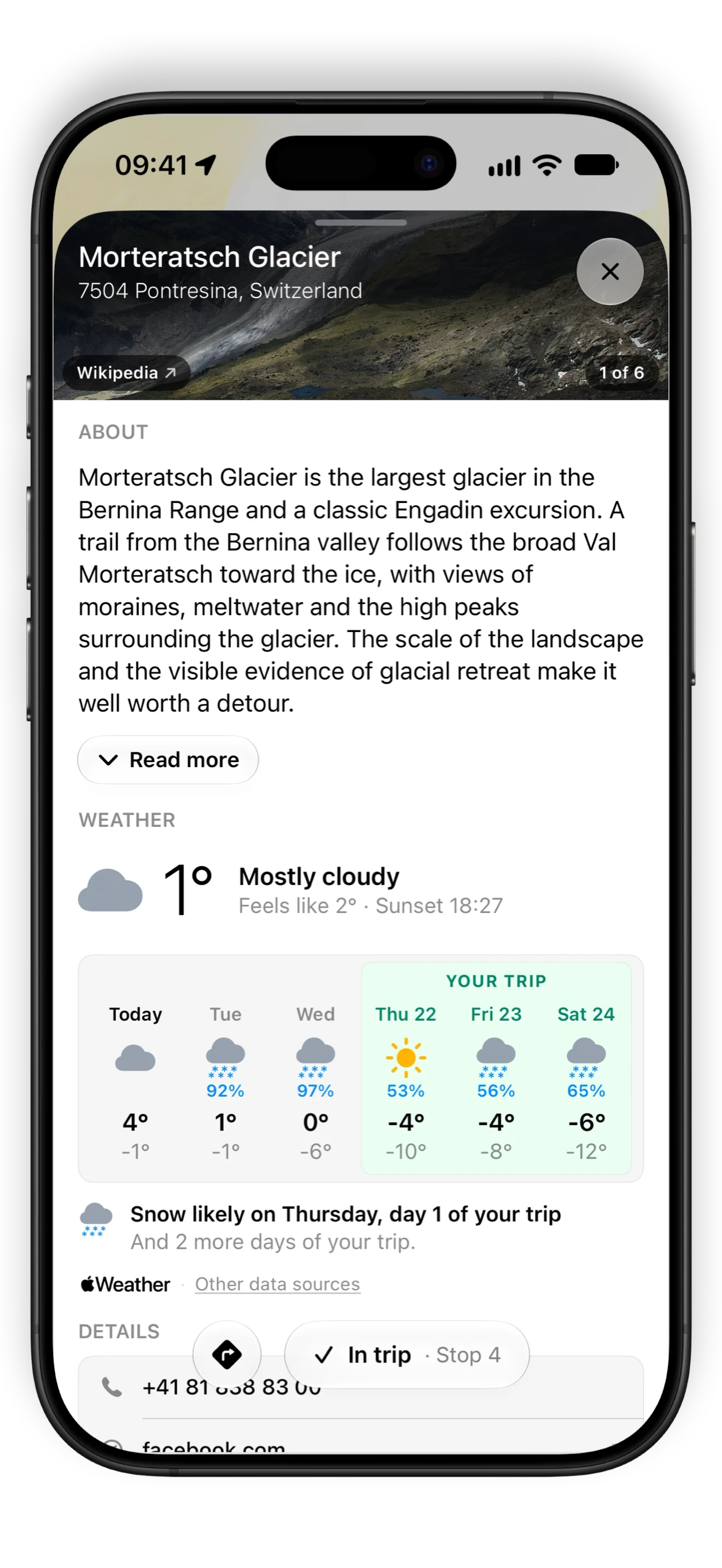Weather on the place card: now, the forecast with the trip's three days marked, and a snow alert.