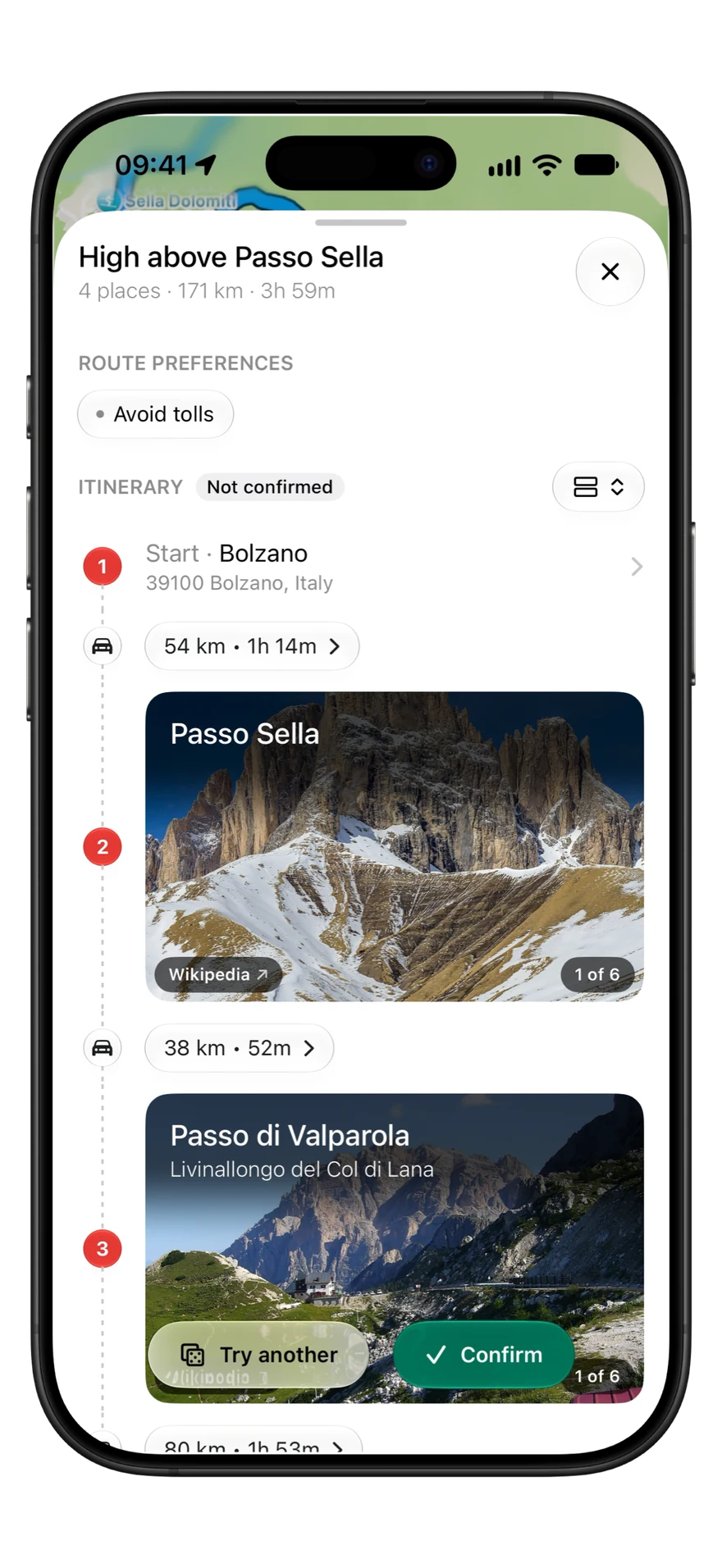 A day Detour built from a start in Bolzano, with Passo Sella and Passo di Valparola as stops, and Try another and Confirm.